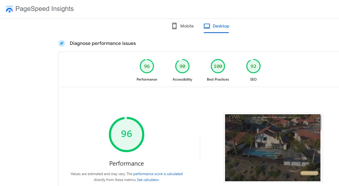 Gaia Builders PageSpeed report