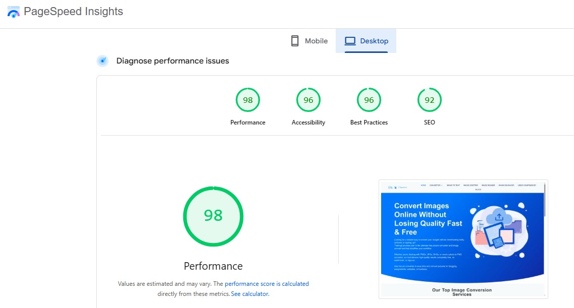 The Img Converter PageSpeed report