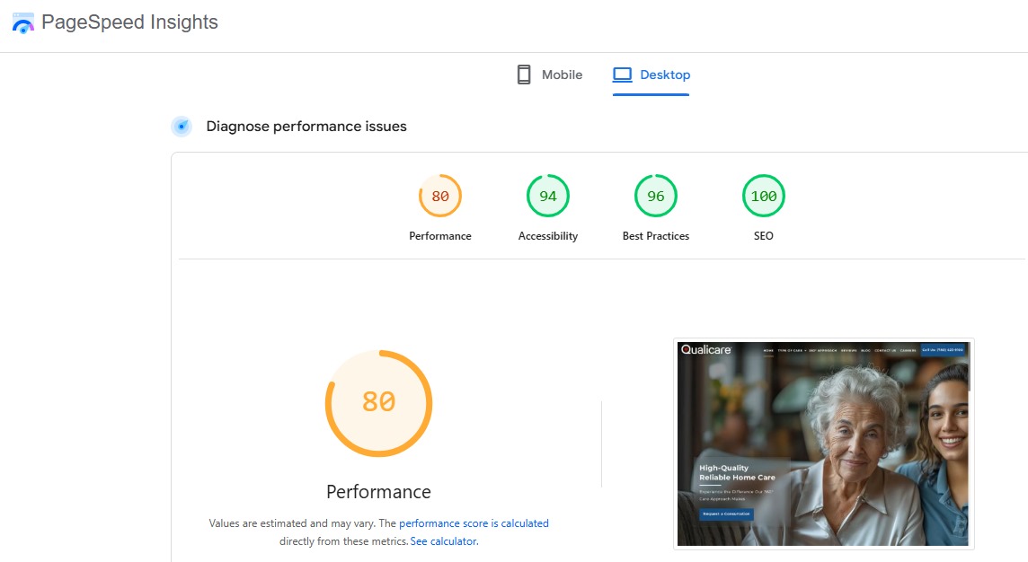 Home Care Valley PageSpeed report