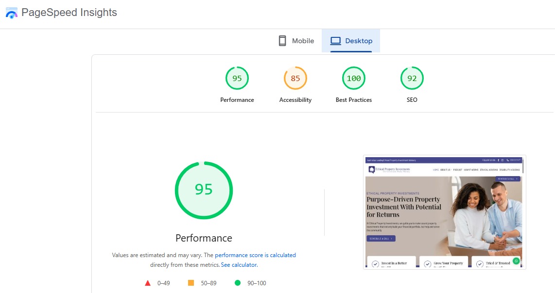 Ethical Property Investments PageSpeed report
