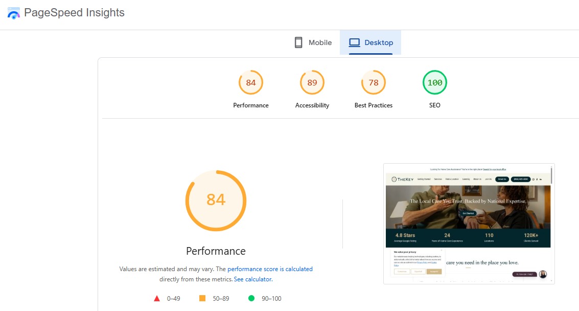 THE KEY PageSpeed report